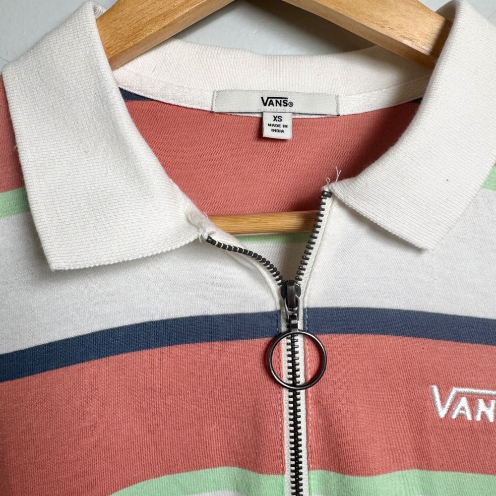 Vans Striped Polo‎ Shirt Crop Top Half Zip Casual Tee XS 100% Cotton - Picture 2 of 5